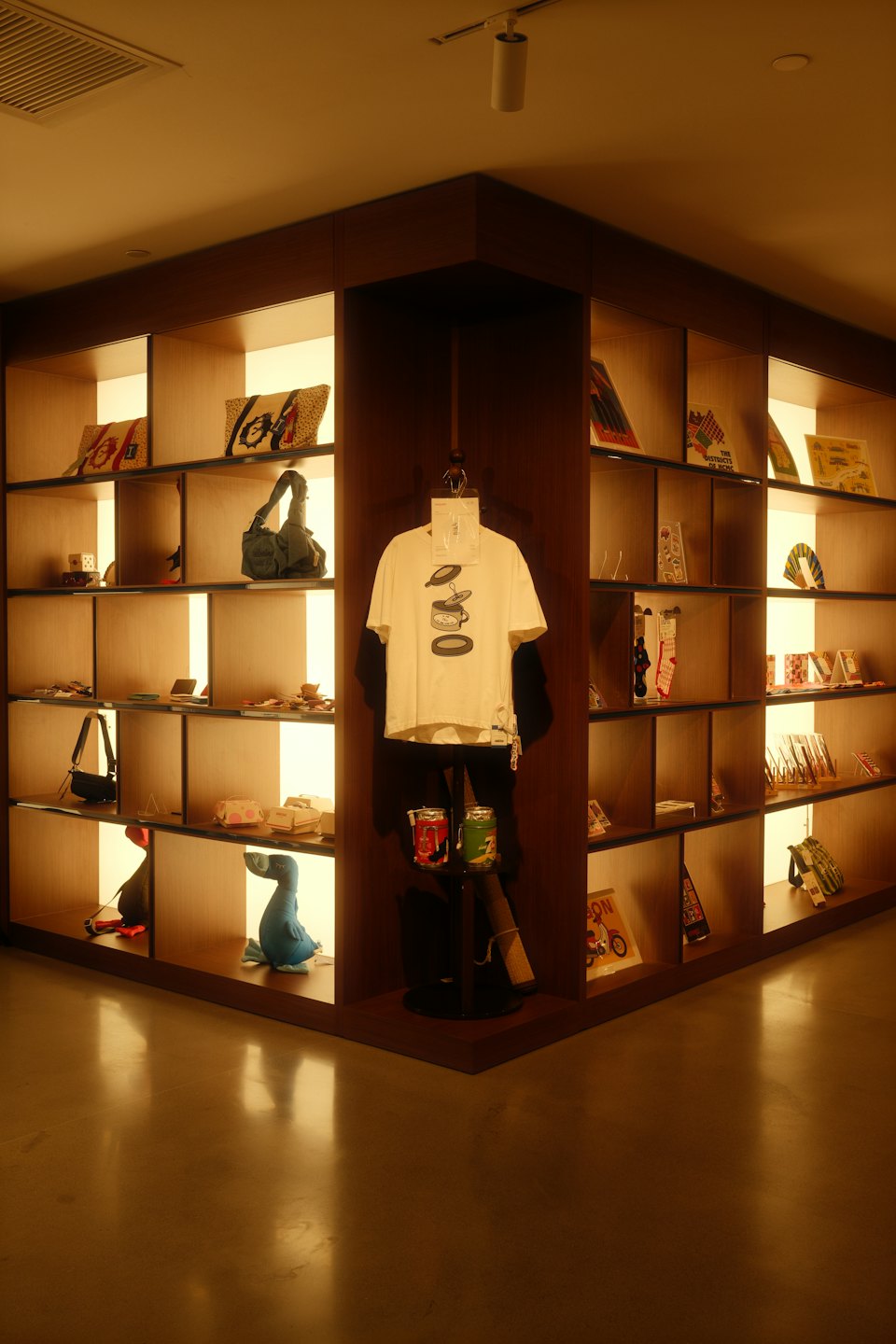 Moderner Verkaufsdisplay mit beleuchteten Regalen und hängendem T-Shirt.